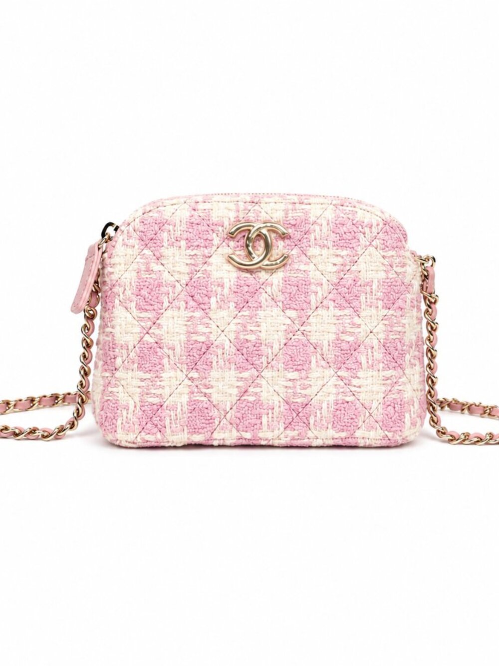 Authentic Chanel Tweed Quilted Mini Clutch With Chain Pink